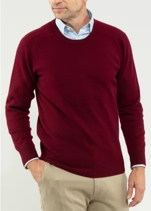 Alan Paine Sweater - Burgundy Dorset Lambswool Saddle Shoulder Crew Neck Sweater - Classic Fit