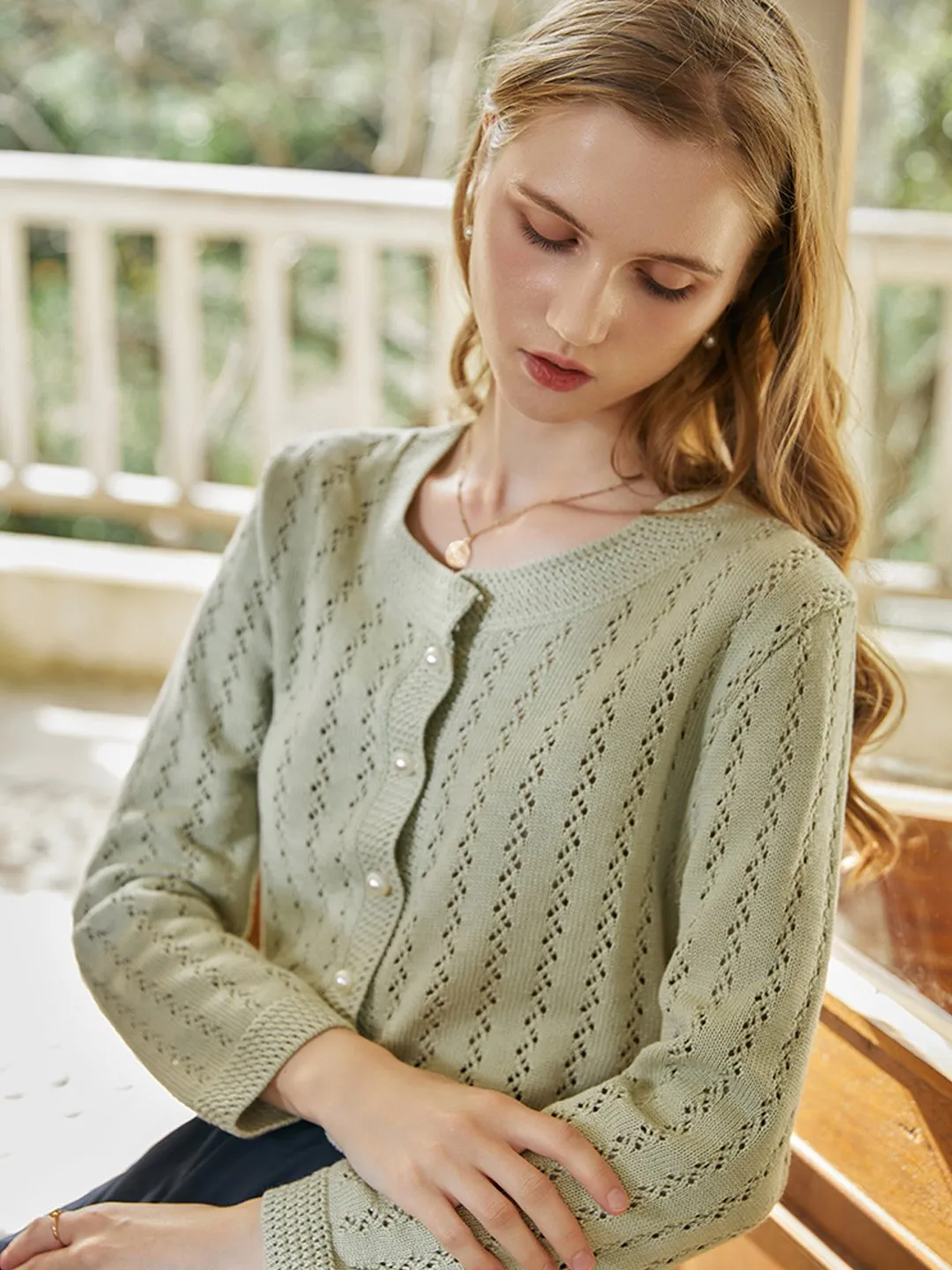 Althea Hollow Classic Knit Cardigan-Green