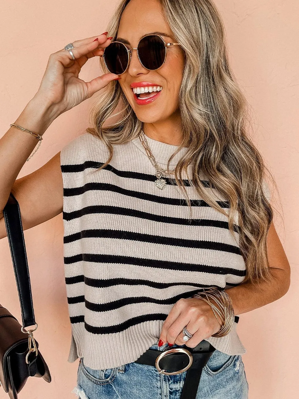 Apricot Striped Sleeveless Knit Sweater Tank