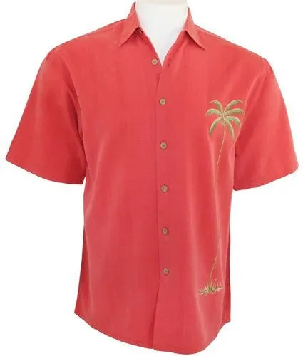 Bamboo Cay Men's Tropical Style, Button Front Shirt, Colored in Tomato - Solo Palm