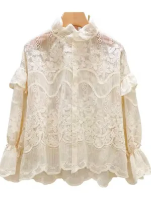 Beige ruffles and lace ruffles shirt