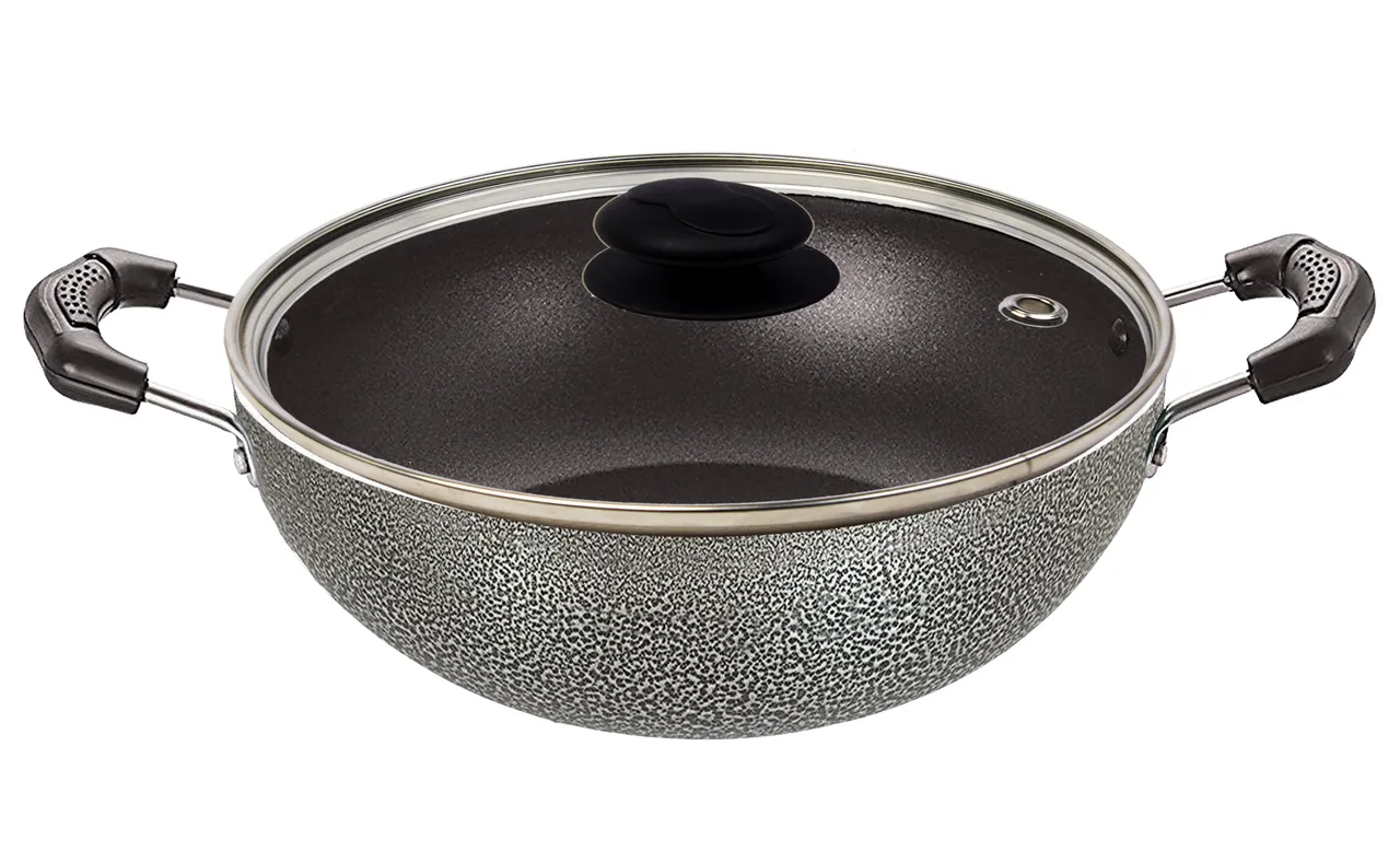 Bharu Nonstick  3mm Induction base Shollow Kadhai 2 Lit with Glass Lid