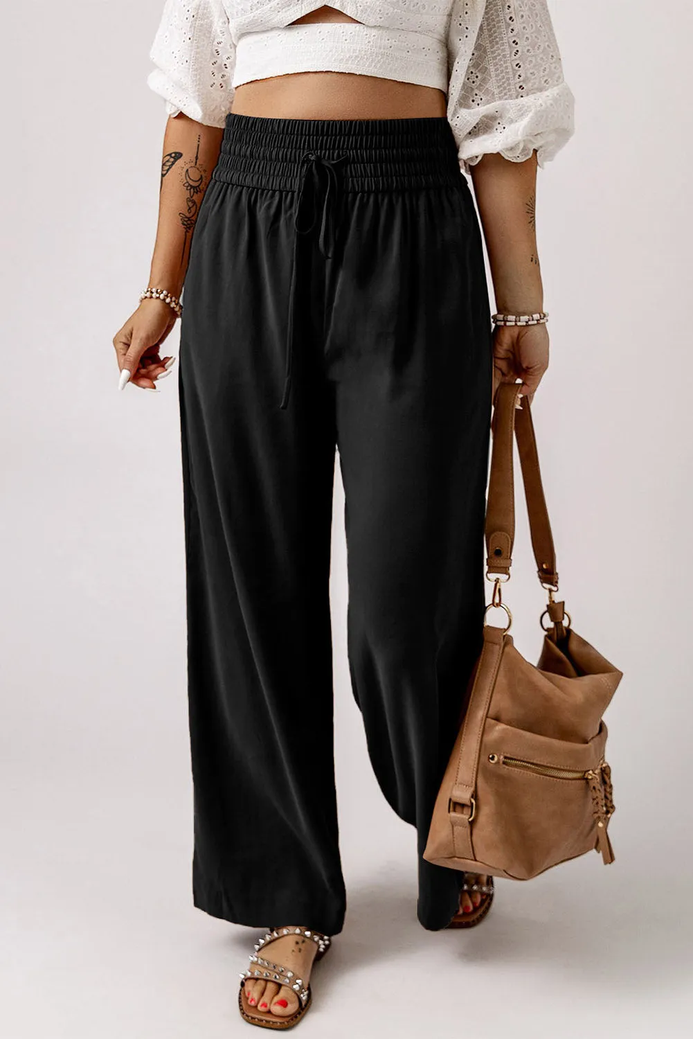 Black Casual drawstring women's wide leg pant