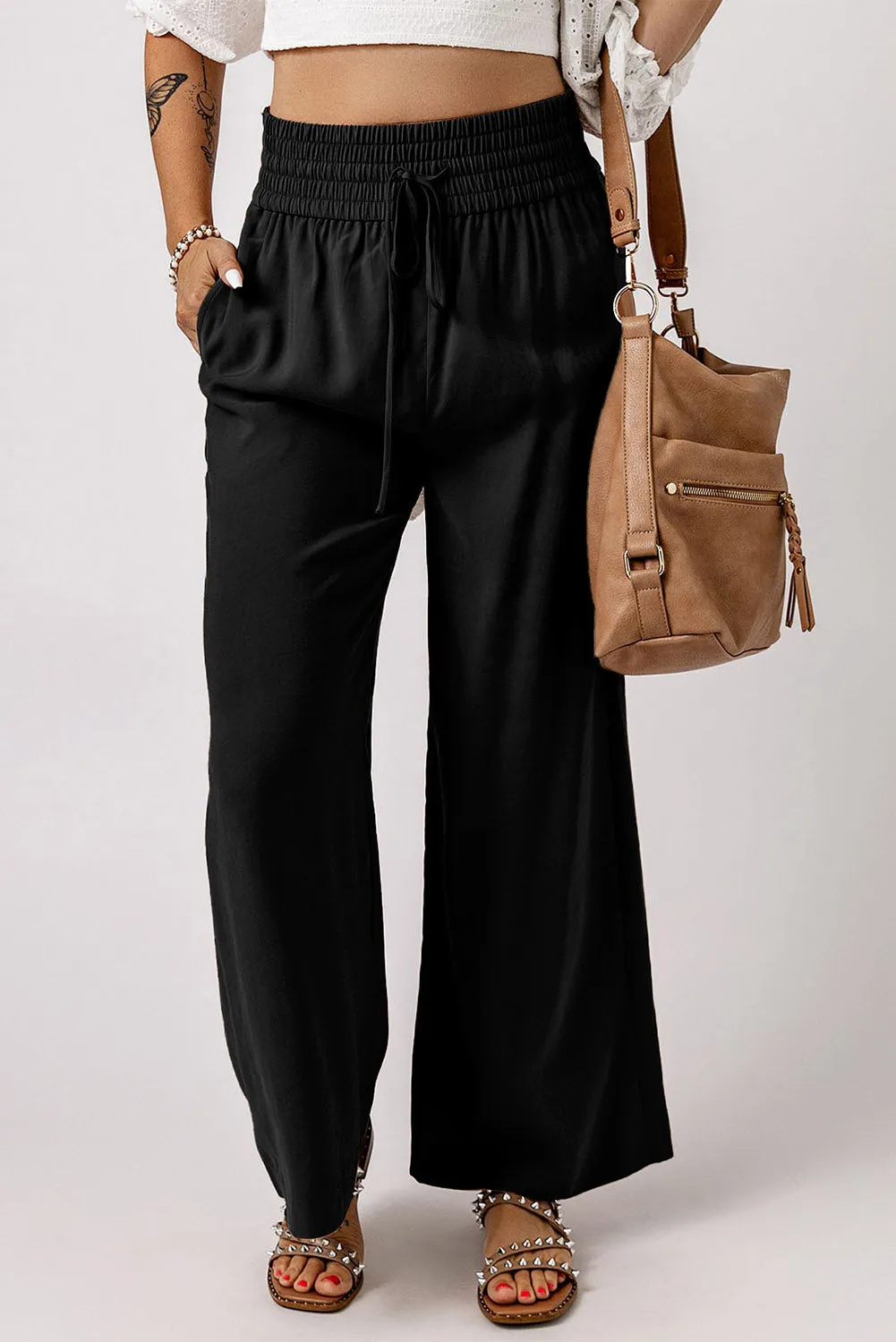 Black Casual drawstring women's wide leg pant