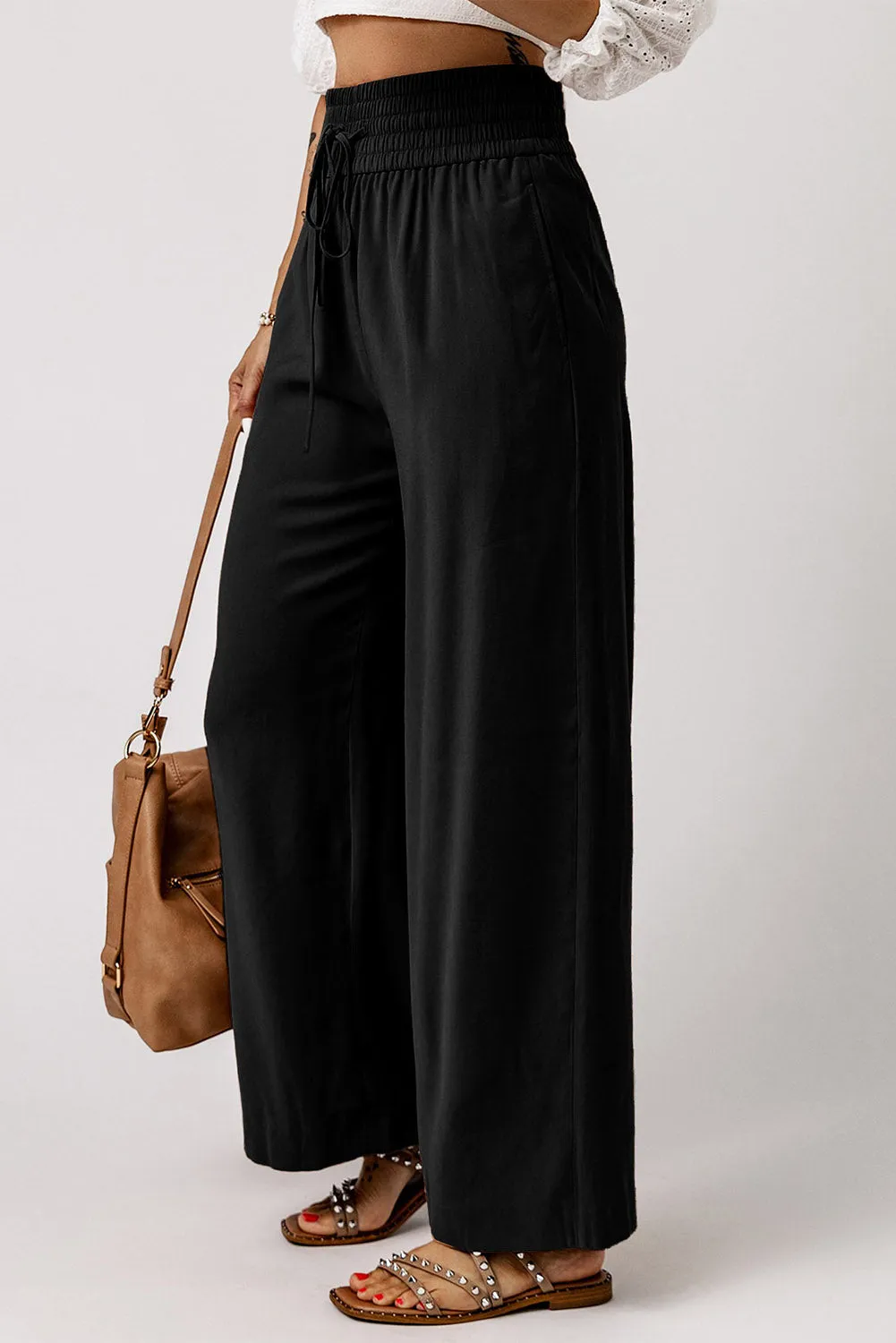 Black Casual drawstring women's wide leg pant