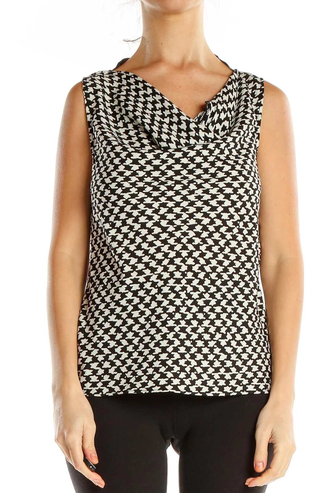 Black White Printed Classic Cowl Neck Blouse