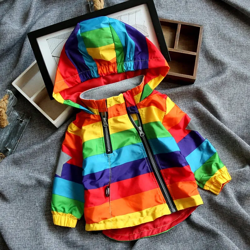 Casual Water-proof Rainbow Print Hooded Jackets For Boys/Grils