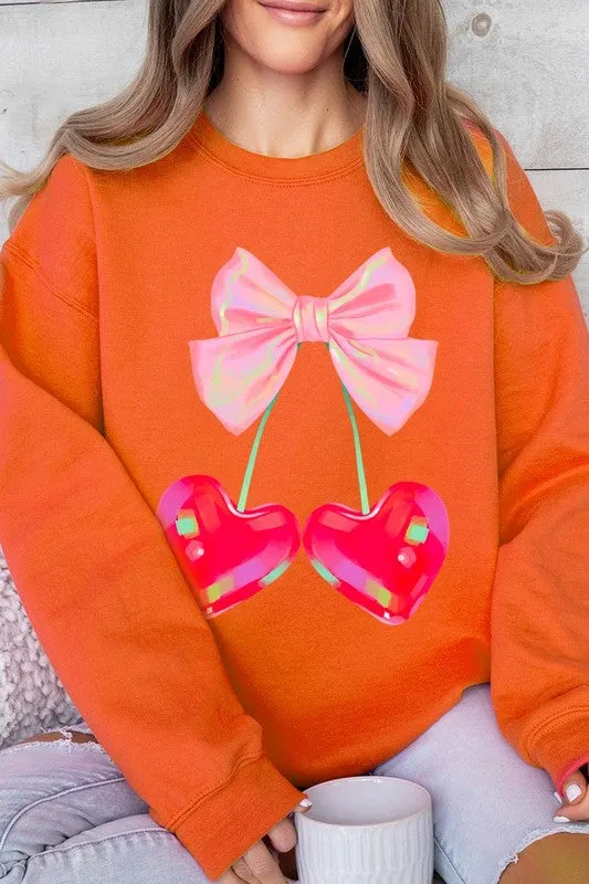 Cherry Pink Bow Graphic Fleece Sweatshirts