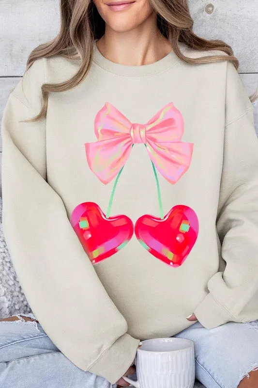 Cherry Pink Bow Graphic Fleece Sweatshirts