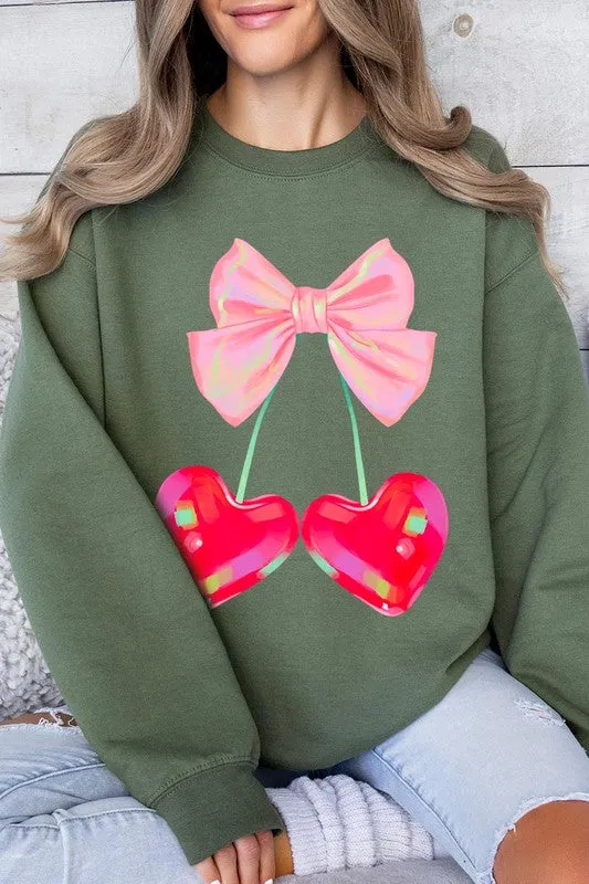 Cherry Pink Bow Graphic Fleece Sweatshirts