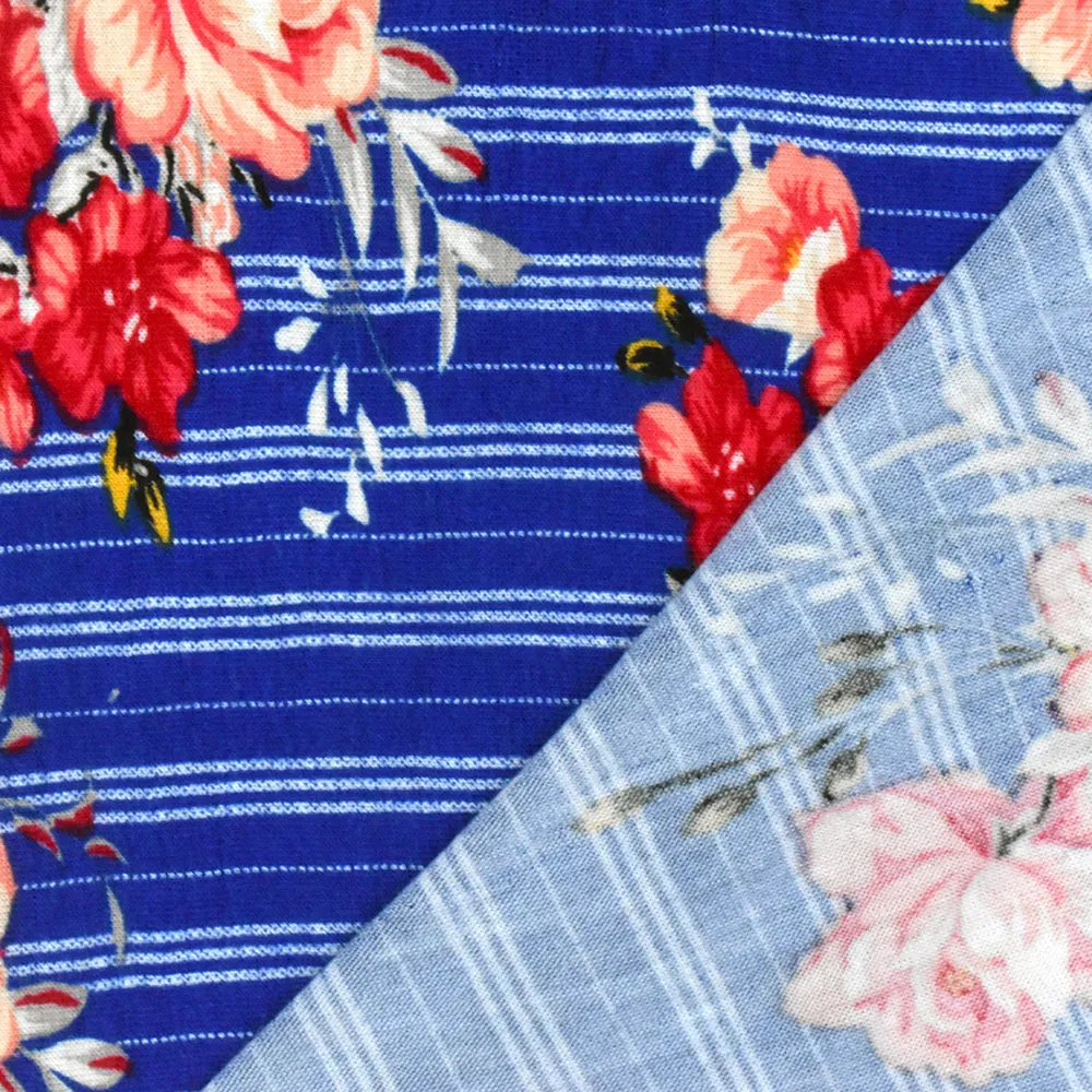 Classic Blue-Red-Multi Floral Stripe Print Rayon Stretch Jersey Knit Fabric