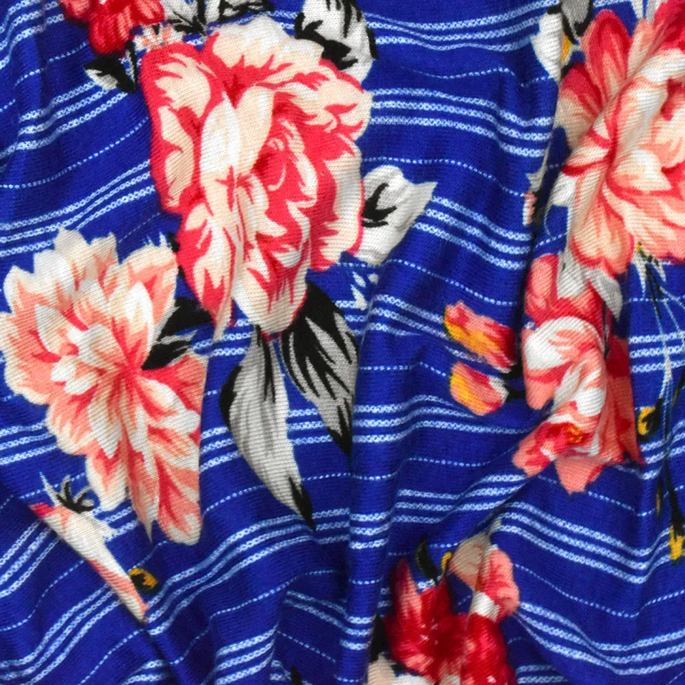 Classic Blue-Red-Multi Floral Stripe Print Rayon Stretch Jersey Knit Fabric