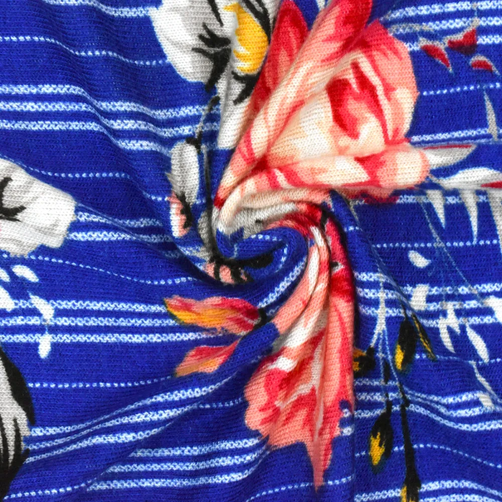 Classic Blue-Red-Multi Floral Stripe Print Rayon Stretch Jersey Knit Fabric