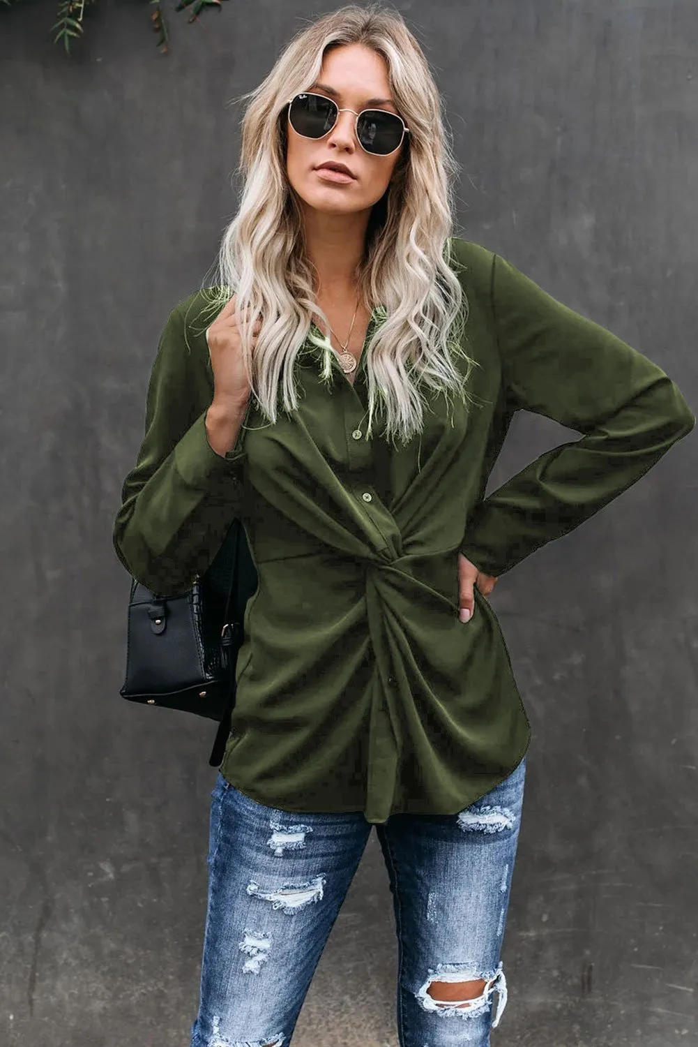 Classic Styles Green Button Down Twist Blouse