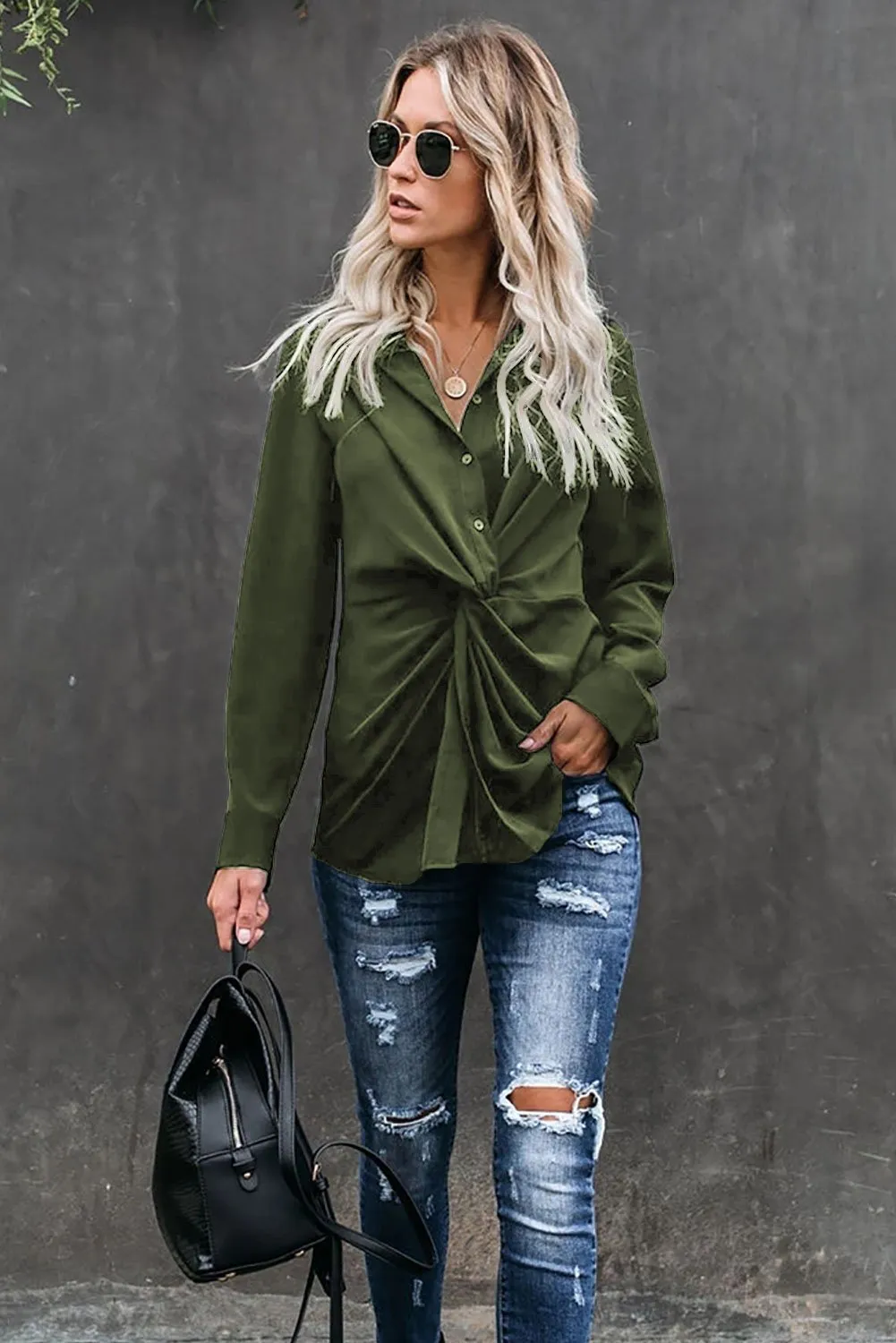 Classic Styles Green Button Down Twist Blouse