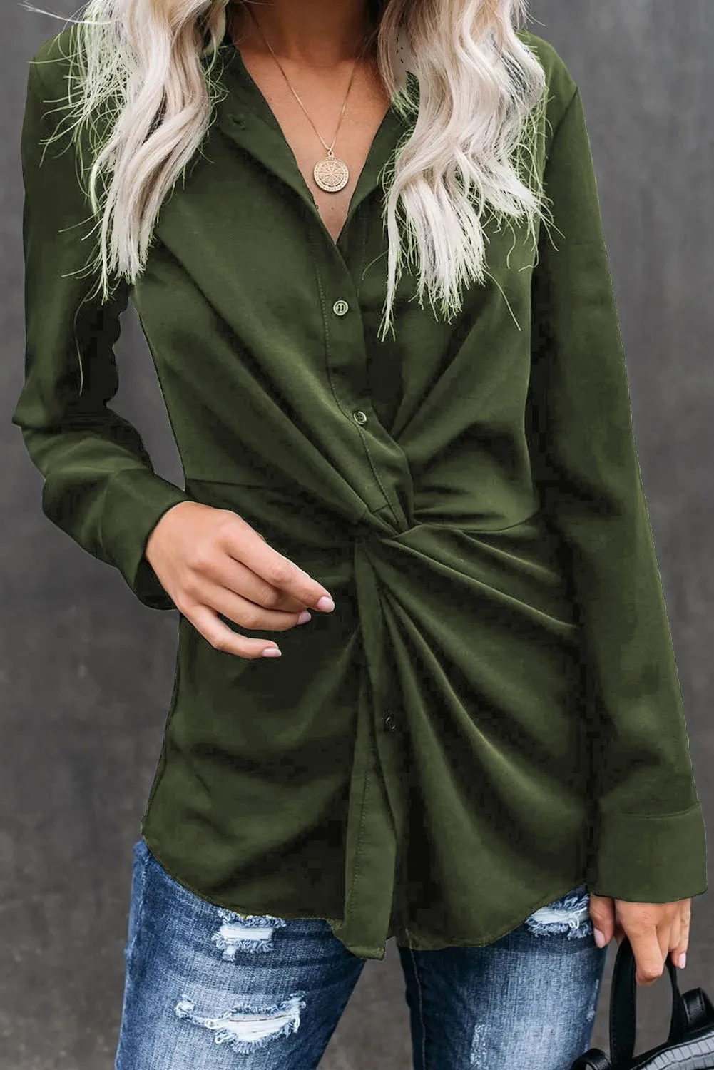 Classic Styles Green Button Down Twist Blouse