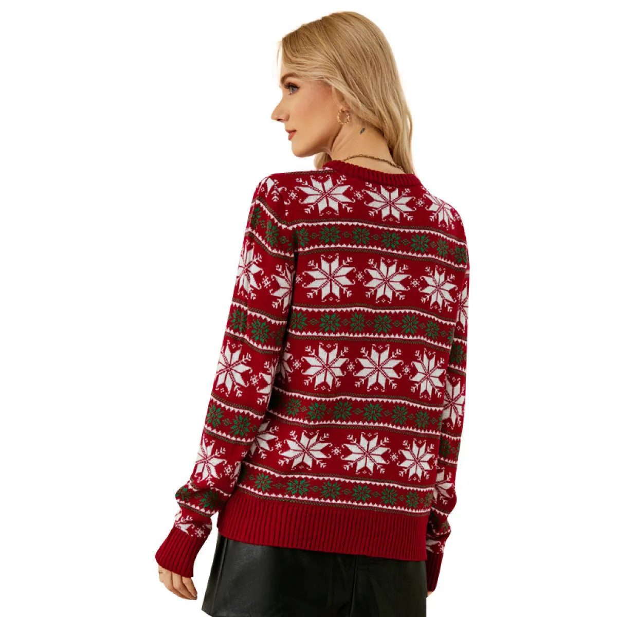 Crew Neck Christmas Snowflake Long Sleeve Knit Sweater