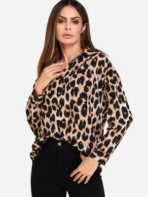 Custom Classic Collar Leopard Side Pockets Long Sleeve Blouses