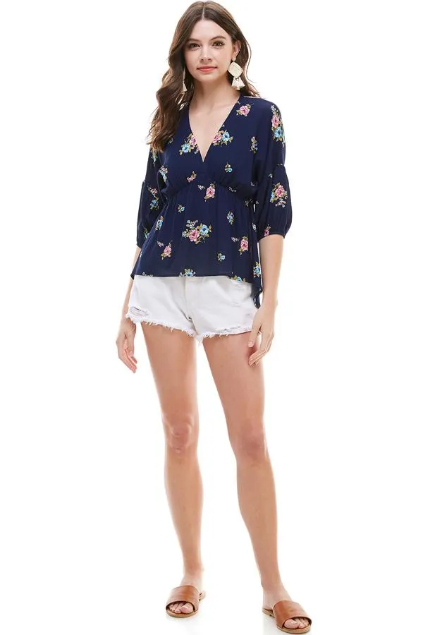 Ditsy Floral Dolman Long Sleeve V Neck Blouse