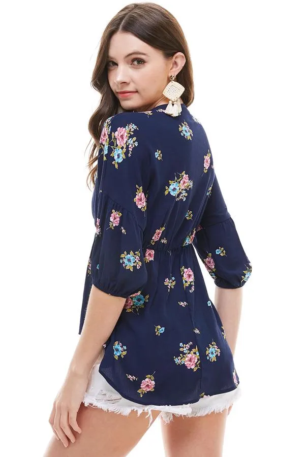 Ditsy Floral Dolman Long Sleeve V Neck Blouse