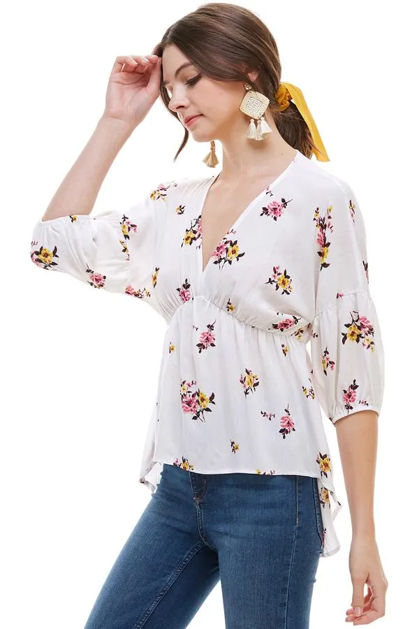 Ditsy Floral Dolman Long Sleeve V Neck Blouse