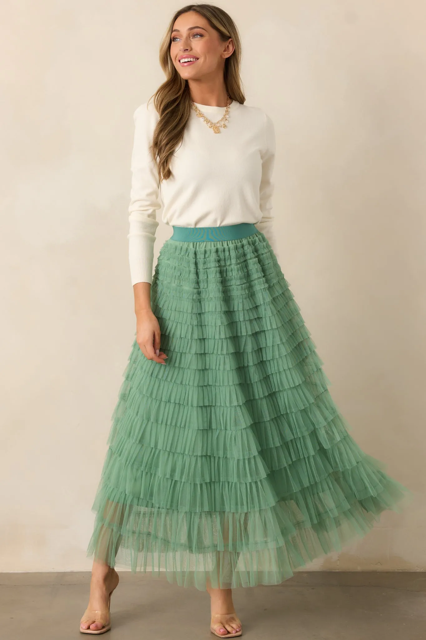 Garden Gathering Sage Tiered Ruffle Tulle Maxi Skirt