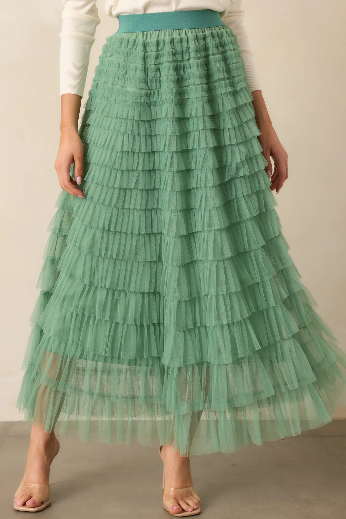 Garden Gathering Sage Tiered Ruffle Tulle Maxi Skirt