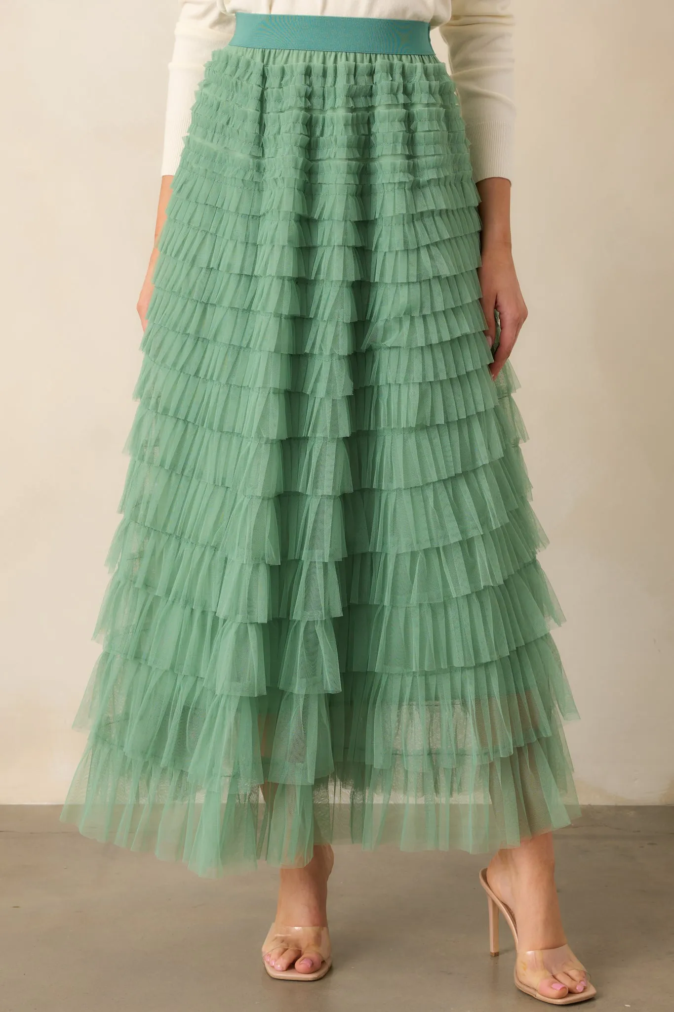 Garden Gathering Sage Tiered Ruffle Tulle Maxi Skirt