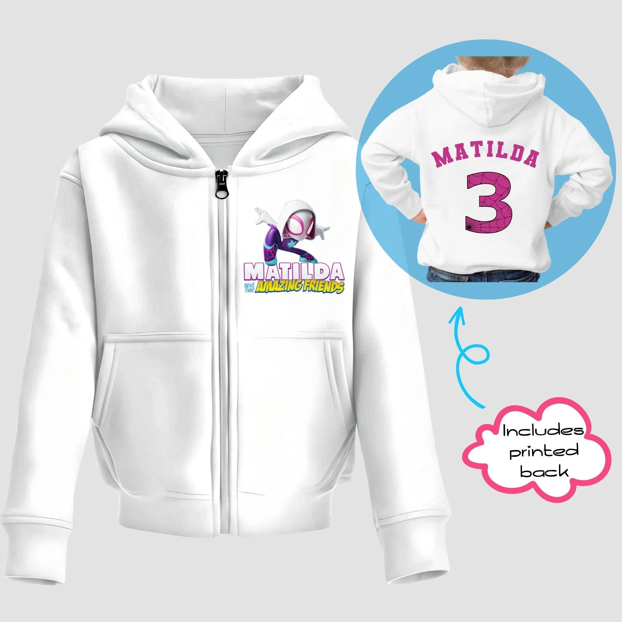 Girls Personalised Ghost Spider Zip-up Hoodie with back print  - Custom Hoodie for Girls