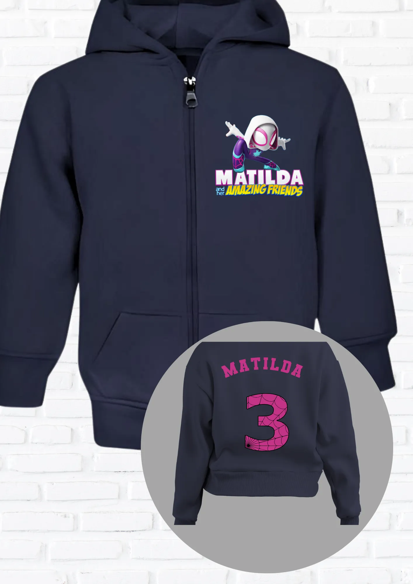 Girls Personalised Ghost Spider Zip-up Hoodie with back print  - Custom Hoodie for Girls