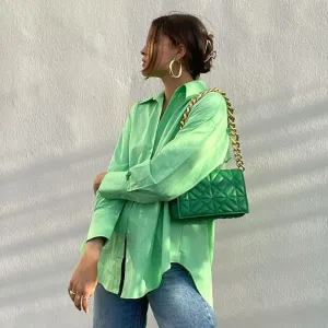 Green shirt blouse for womens Summer Lapel Asymmetrical Hem Poplin