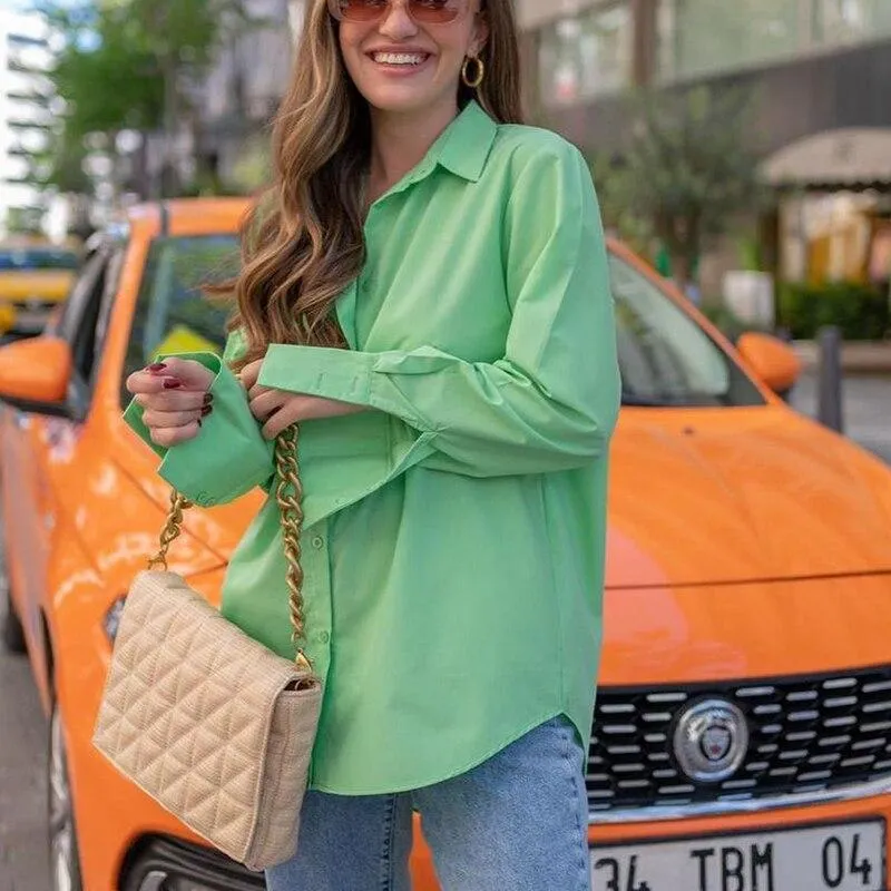 Green shirt blouse for womens Summer Lapel Asymmetrical Hem Poplin