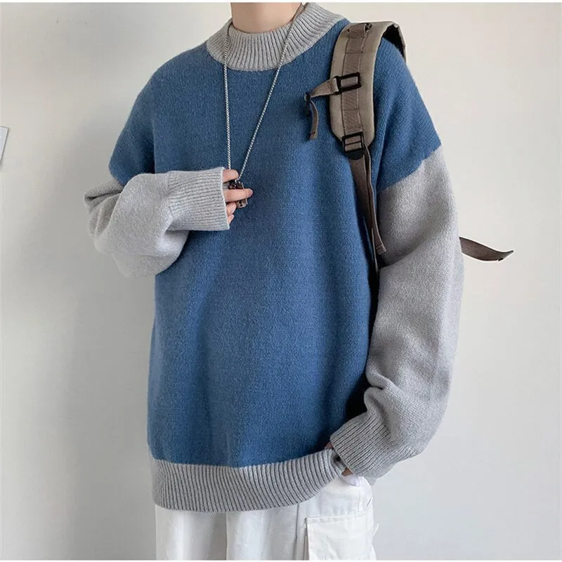 Jinquedai Pullovers Men Sweater Loose Korean Style Fashion Knitwear Thick Patchwork O-neck Harajuku Retro All-match Male Chandails Kpop