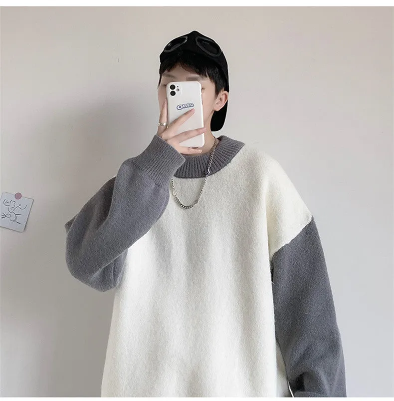 Jinquedai Pullovers Men Sweater Loose Korean Style Fashion Knitwear Thick Patchwork O-neck Harajuku Retro All-match Male Chandails Kpop