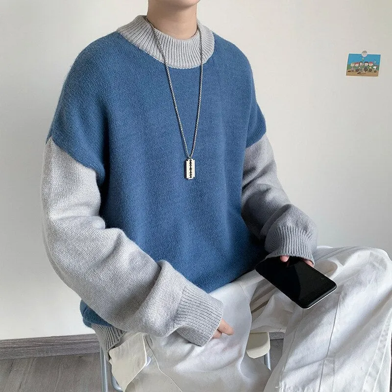 Jinquedai Pullovers Men Sweater Loose Korean Style Fashion Knitwear Thick Patchwork O-neck Harajuku Retro All-match Male Chandails Kpop