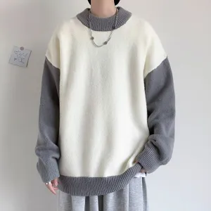 Jinquedai Pullovers Men Sweater Loose Korean Style Fashion Knitwear Thick Patchwork O-neck Harajuku Retro All-match Male Chandails Kpop