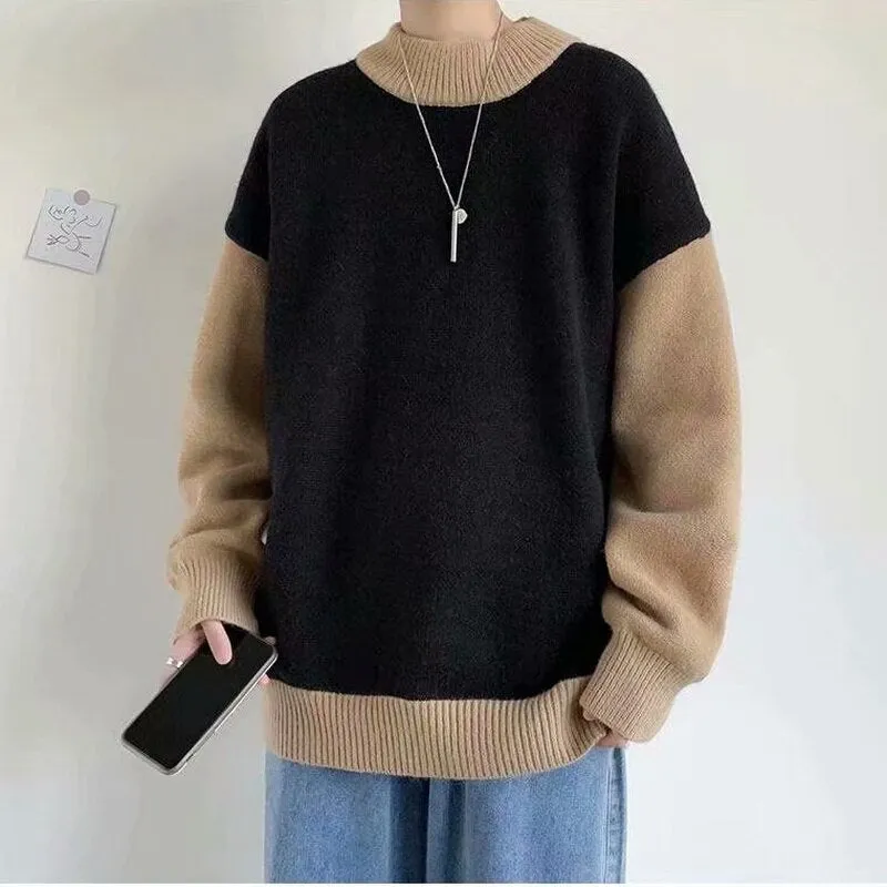 Jinquedai Pullovers Men Sweater Loose Korean Style Fashion Knitwear Thick Patchwork O-neck Harajuku Retro All-match Male Chandails Kpop