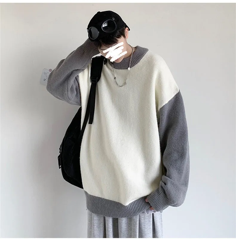 Jinquedai Pullovers Men Sweater Loose Korean Style Fashion Knitwear Thick Patchwork O-neck Harajuku Retro All-match Male Chandails Kpop