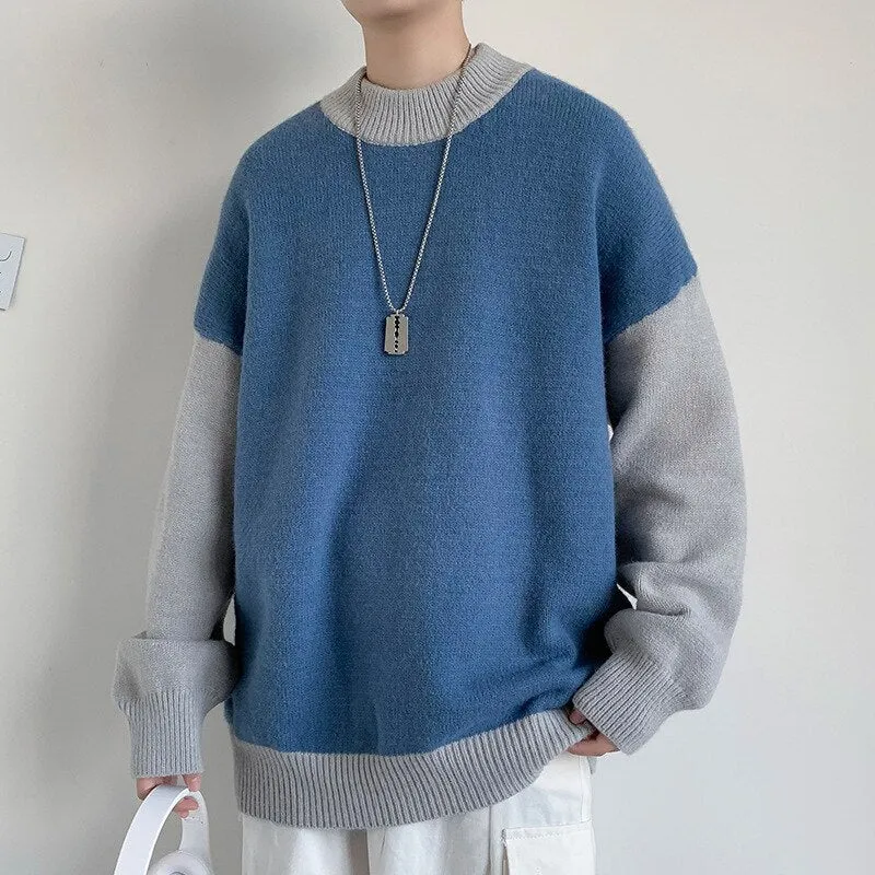 Jinquedai Pullovers Men Sweater Loose Korean Style Fashion Knitwear Thick Patchwork O-neck Harajuku Retro All-match Male Chandails Kpop