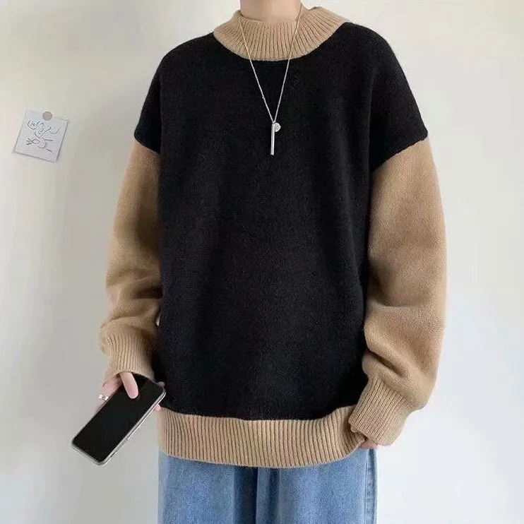 Jinquedai Pullovers Men Sweater Loose Korean Style Fashion Knitwear Thick Patchwork O-neck Harajuku Retro All-match Male Chandails Kpop