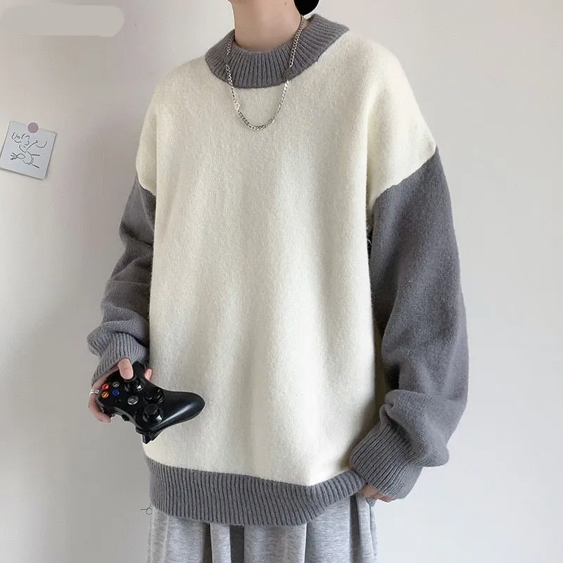 Jinquedai Pullovers Men Sweater Loose Korean Style Fashion Knitwear Thick Patchwork O-neck Harajuku Retro All-match Male Chandails Kpop