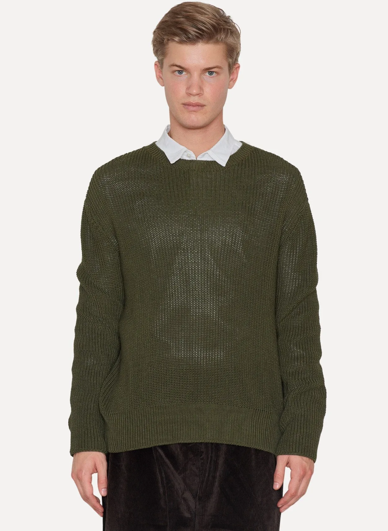 Khaki Green Loose Ribbed Cable Sweater