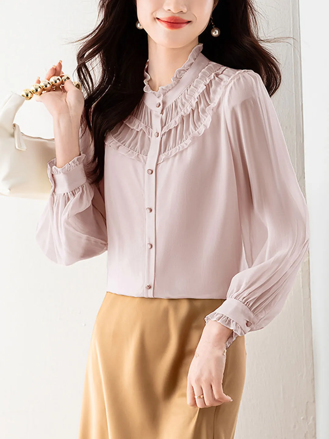 Lauren Classic Ruffle Lace Pleated Chiffon Top