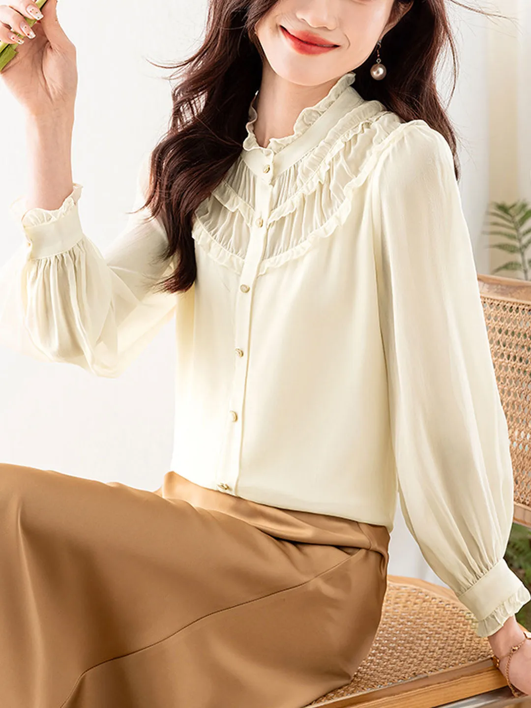 Lauren Classic Ruffle Lace Pleated Chiffon Top