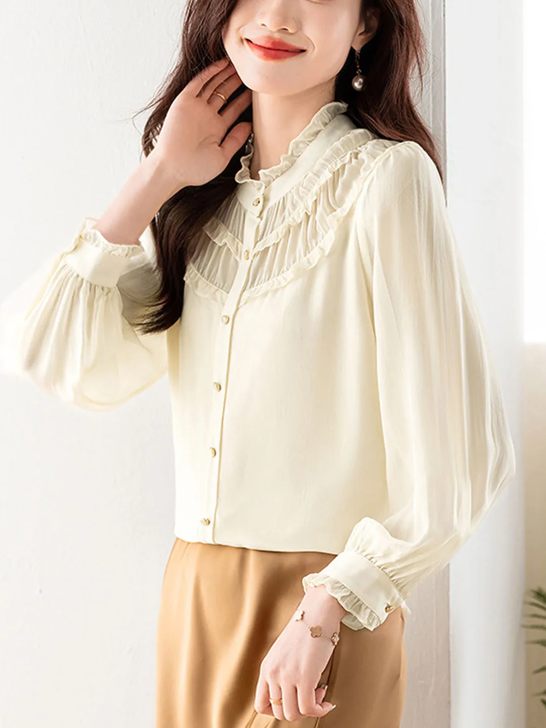 Lauren Classic Ruffle Lace Pleated Chiffon Top