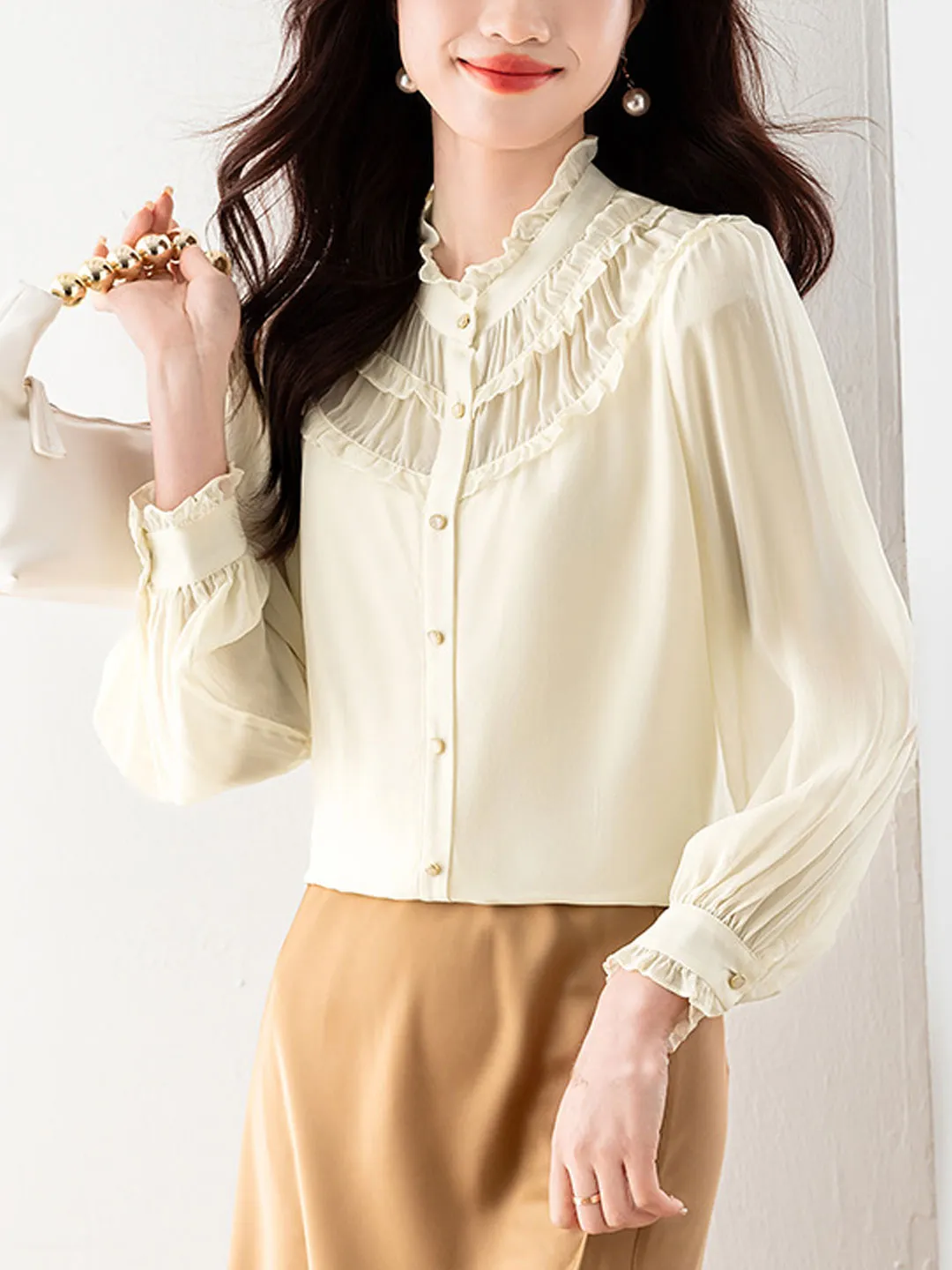 Lauren Classic Ruffle Lace Pleated Chiffon Top