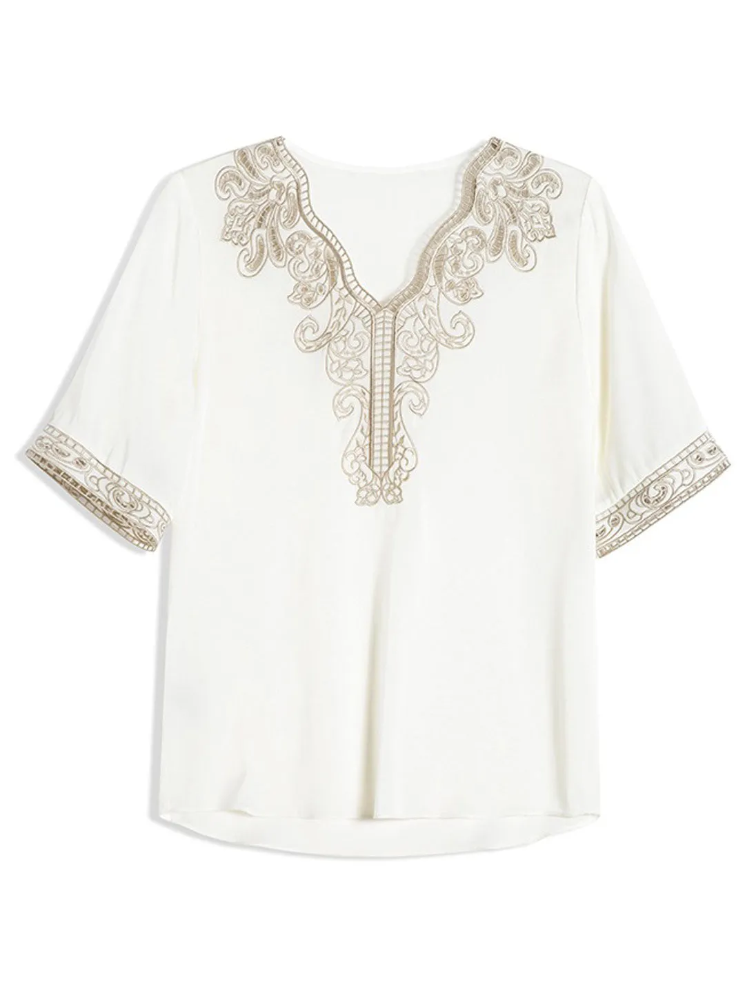 Maya Classic V-Neck Embroidered Satin Shirt