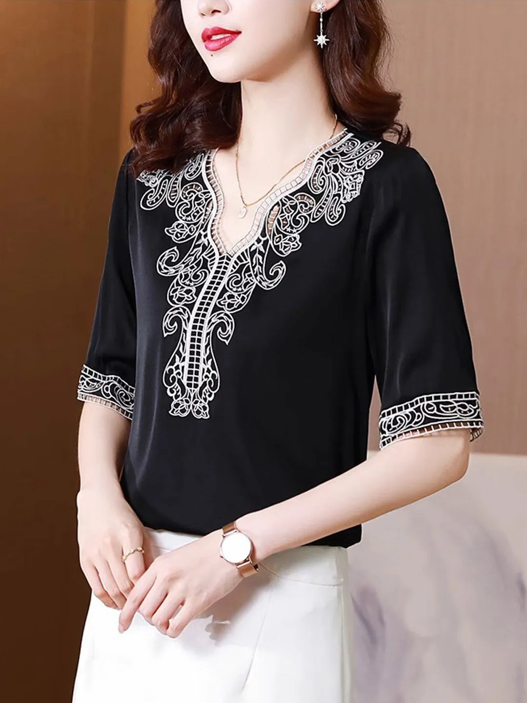 Maya Classic V-Neck Embroidered Satin Shirt