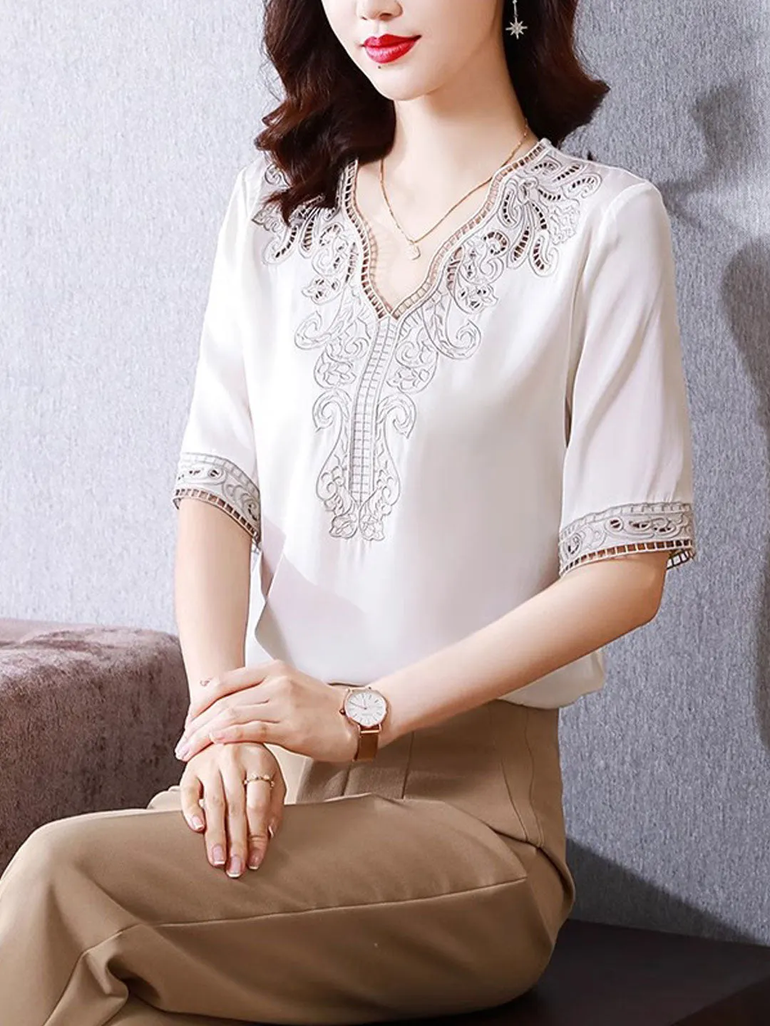 Maya Classic V-Neck Embroidered Satin Shirt