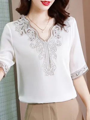 Maya Classic V-Neck Embroidered Satin Shirt